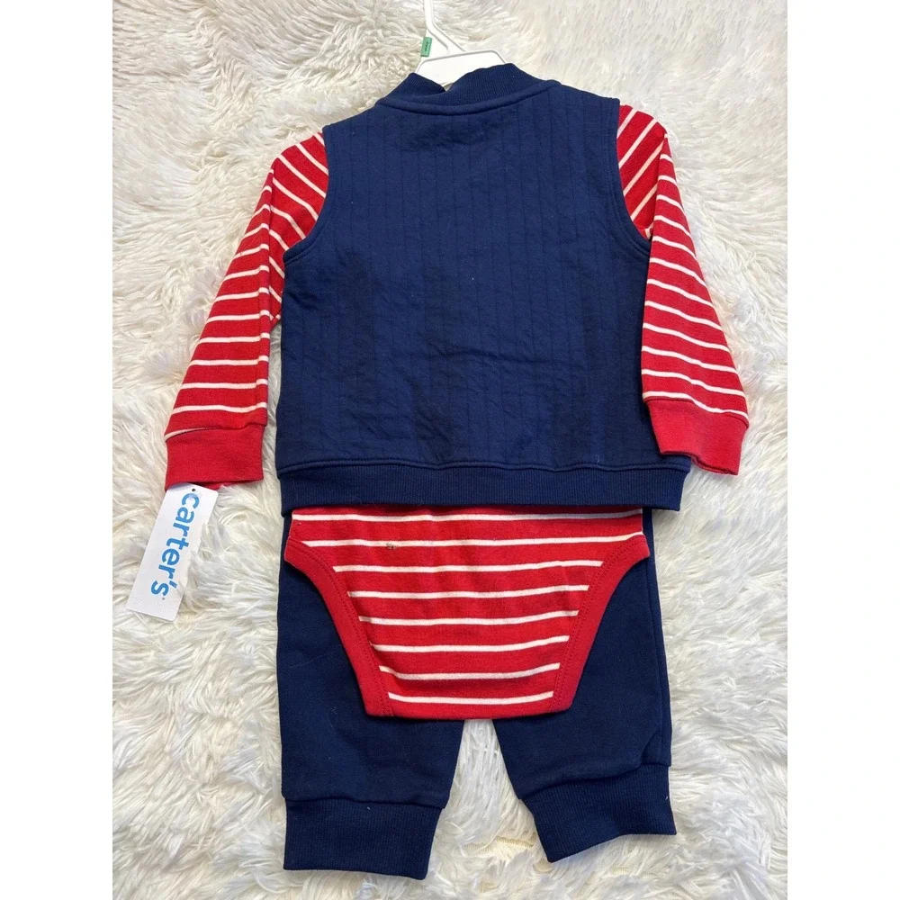 Carters Baby Boy 3pc Set Navy Vest Red Striped Bodysuit Joggers 18M NWT